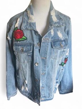 Ci Sono Light Blue Distressed Denim Jacket with Rose Patch Detail